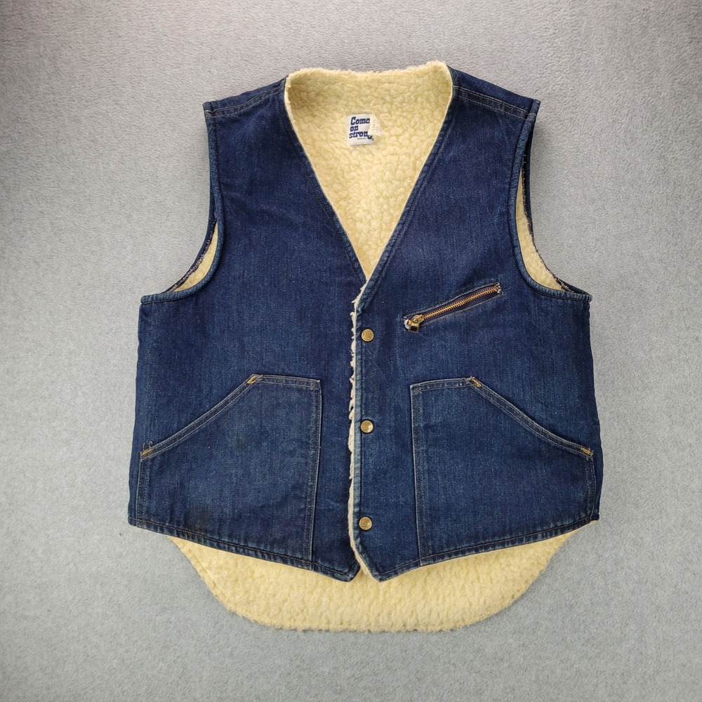 Vintage Come On Strong Denim Sherpa Lined Vest Mens Large Blue‎ Workwear Scovill